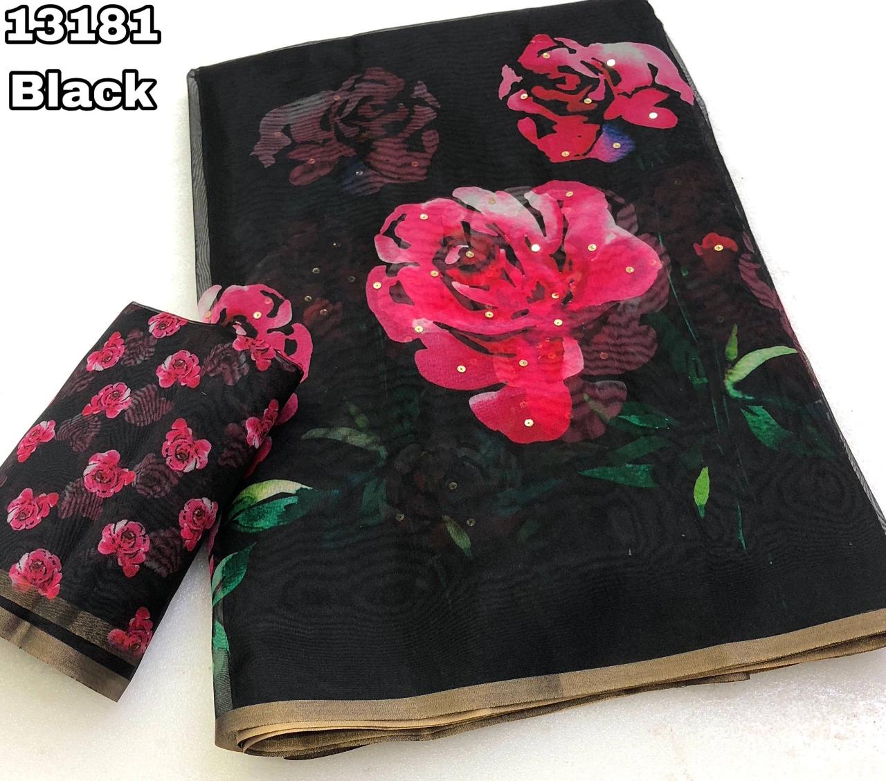 Black Organza Saree with Pink Floral Digital Print and Gold Zari Border.